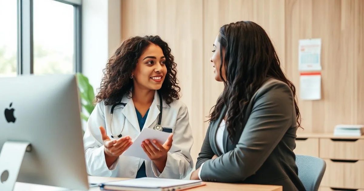 Médica conversando com profissional de atendimento sobre processo comercial em consultório