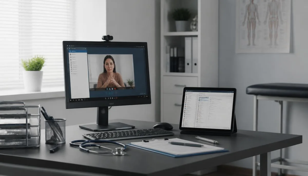 Consultório médico com monitor exibindo teleconsulta e prontuário eletrônico aberto.
