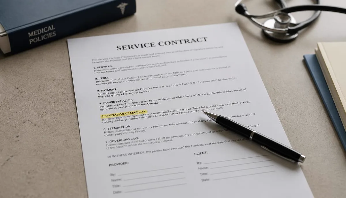 Contrato de prestação de serviços sobre a mesa de um consultório médico, com caneta apoiada em uma cláusula destacada.