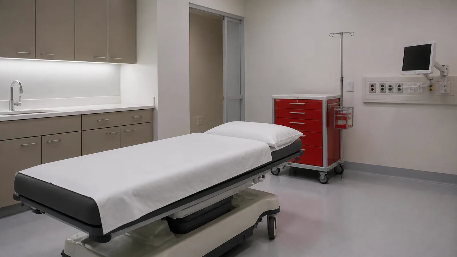 Sala de procedimentos de clínica médica vazia, com maca, foco cirúrgico e armário de materiais, sob luz natural.