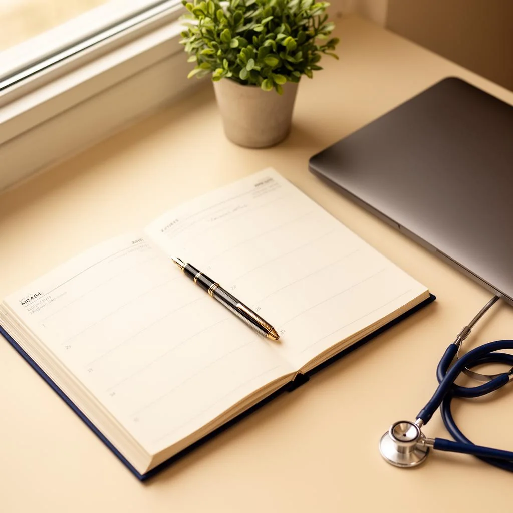 Agenda de consultório médico organizada sobre mesa de trabalho, simbolizando a autonomia do médico para gerenciar atendimentos particulares e de plano de saúde.