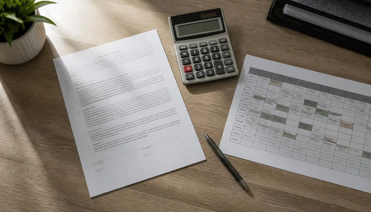 Mesa de secretaria de clínica com contrato de trabalho impresso, calculadora e escala de plantões.