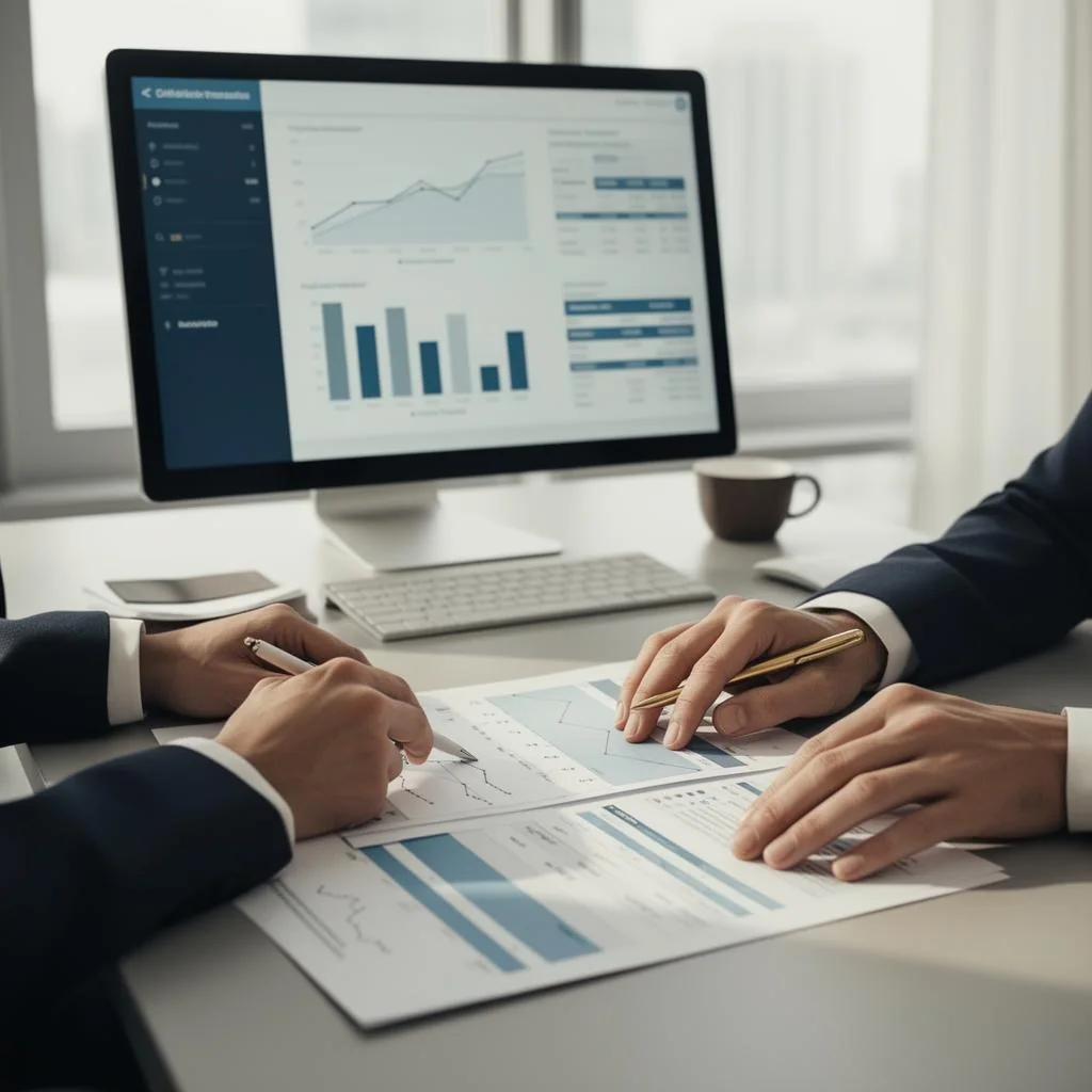 Médico analisando relatórios financeiros e dados de mercado de saúde suplementar