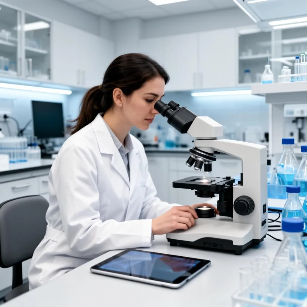 Pesquisadora conduzindo ensaio clínico em laboratório de pesquisa nacional