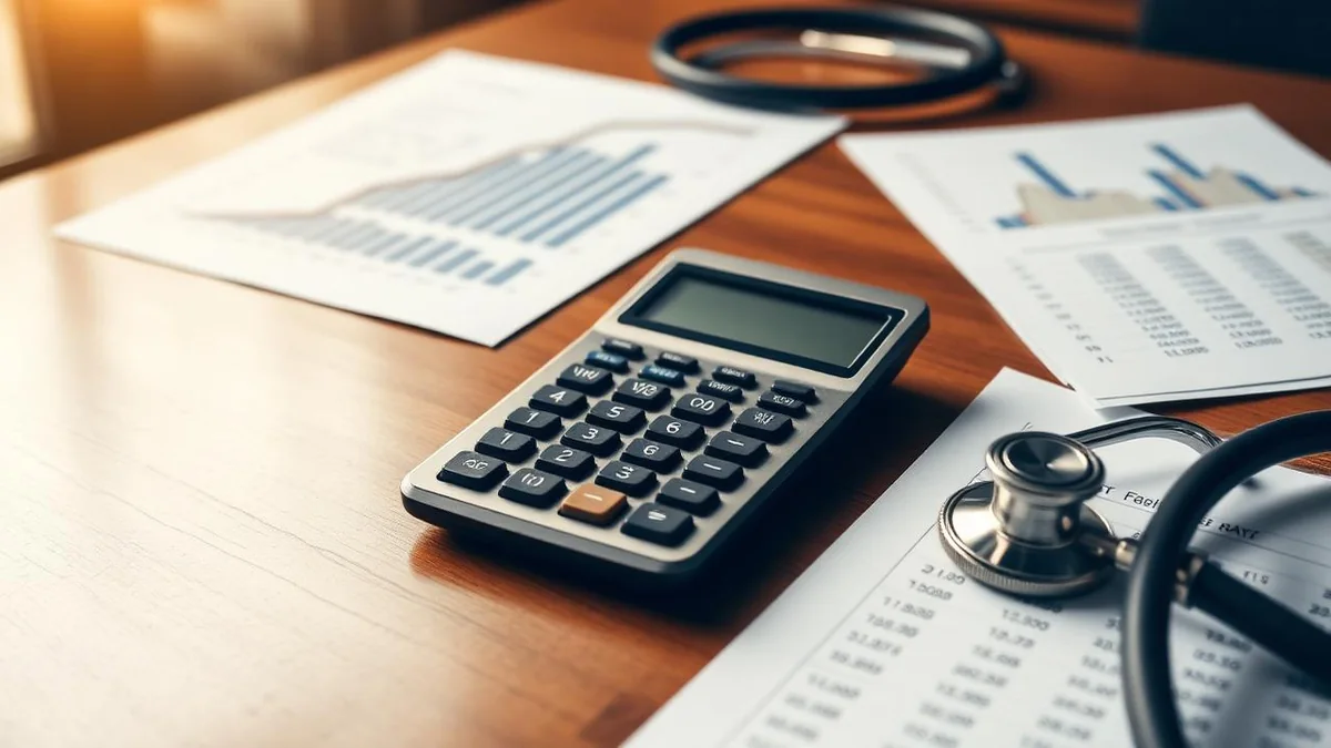 Cálculos financeiros sobre mesa de trabalho representando o reajuste anual dos planos de saúde e o impacto sobre honorários médicos.