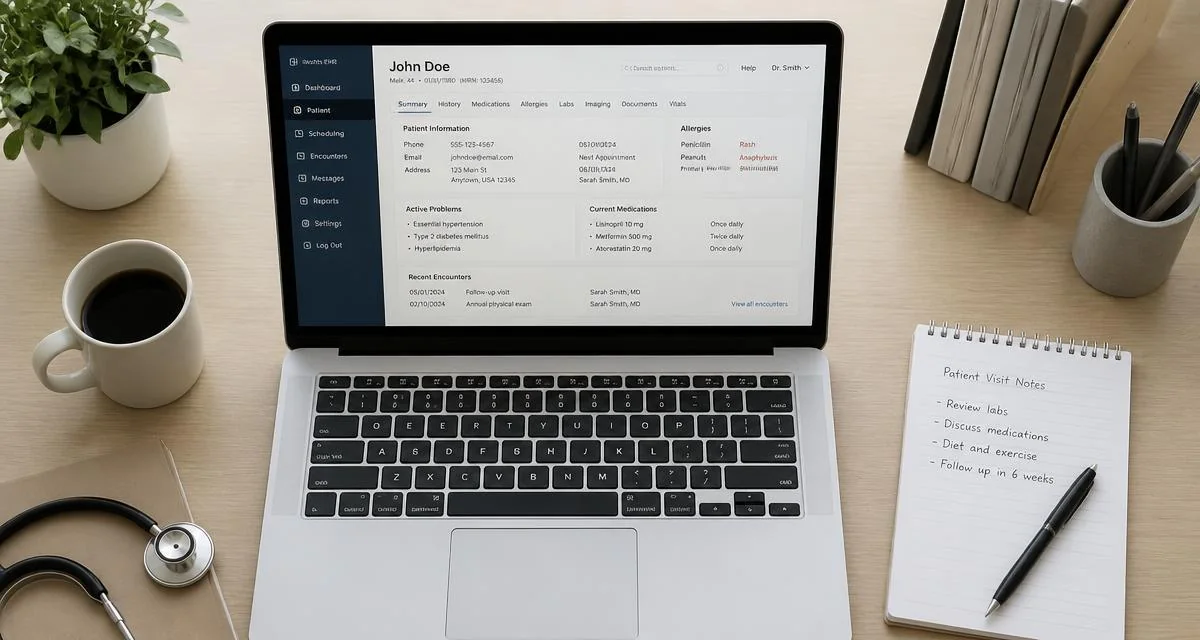Mesa de consultório médico com notebook exibindo prontuário eletrônico, caneta e bloco de anotações, em luz natural e composição sóbria.