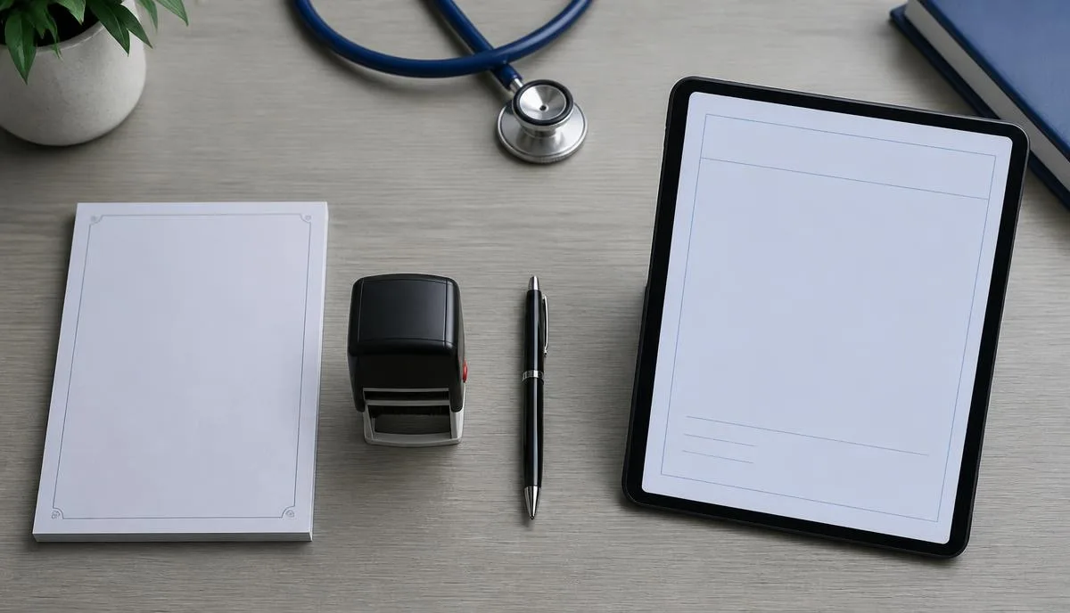 Mesa de consultório com talonário de receituário impresso, carimbo e caneta ao lado de um tablet com formulário de prescrição eletrônica.